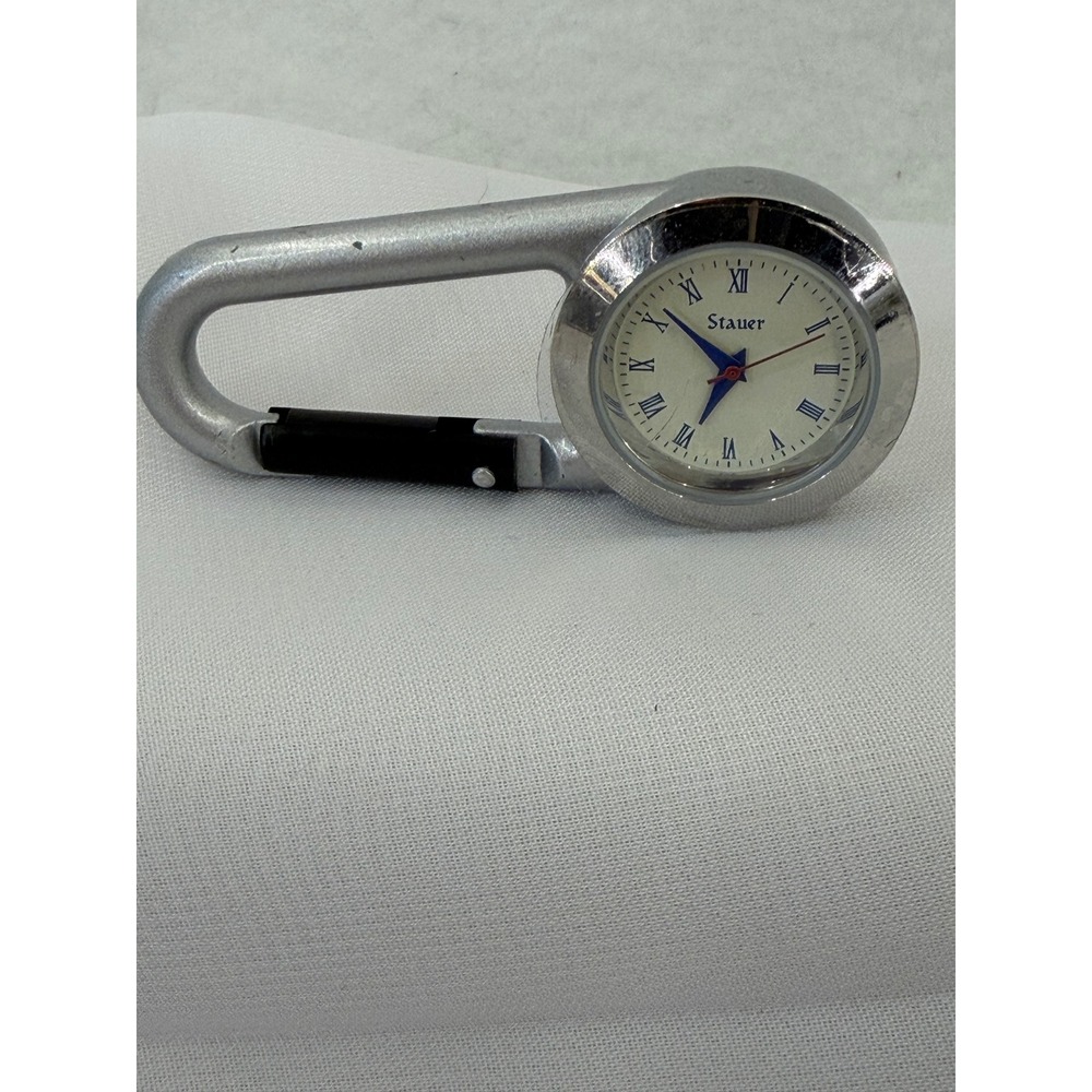 Stauer Carabiner Clip Watch Silver Tone Cream Dial Blue Roman Numerals Pocket